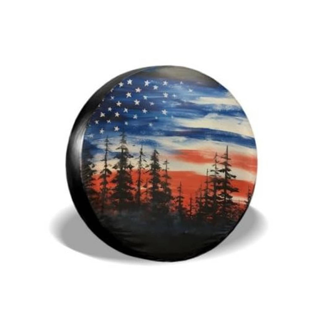 15-inch spare tire cover with American flag forest graphic and black edge
