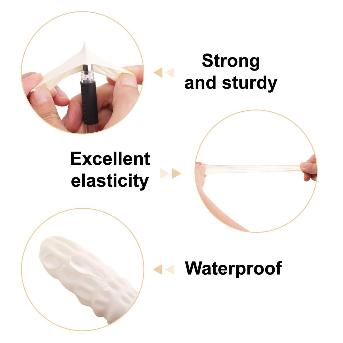 White latex finger cots illustration with stretch, water resistance, and secure fit