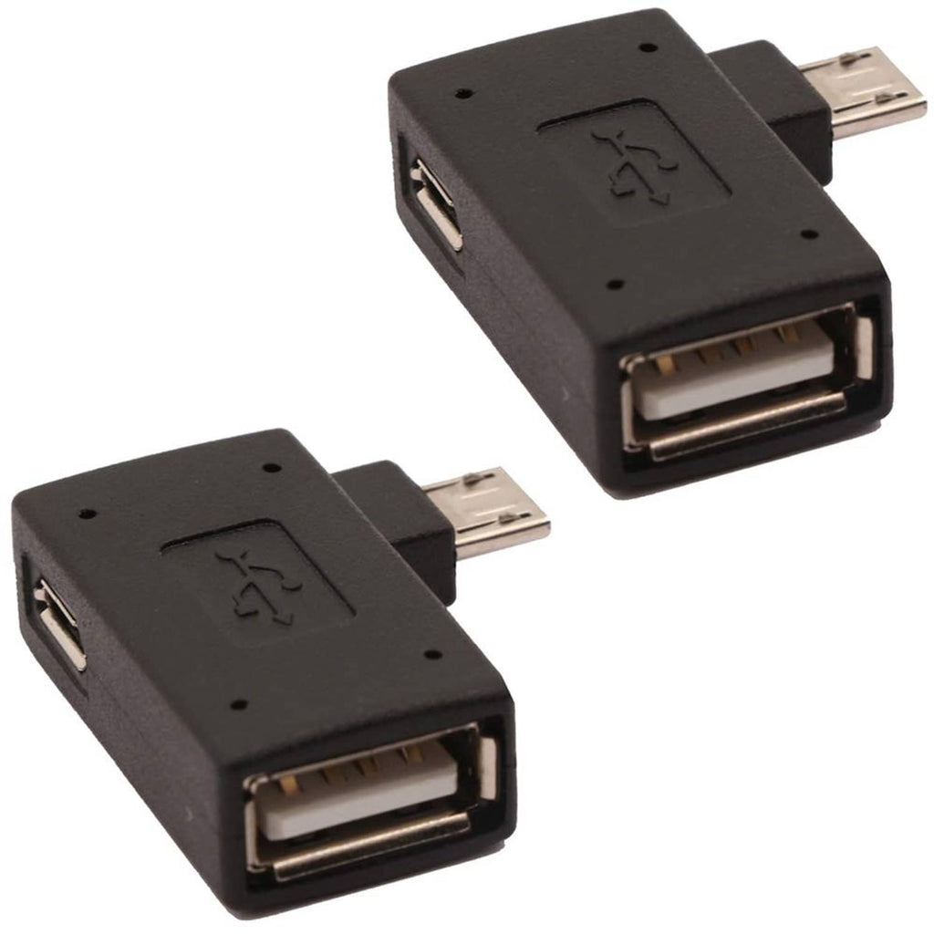 Black micro USB OTG adapter with USB-A port and power-in slot