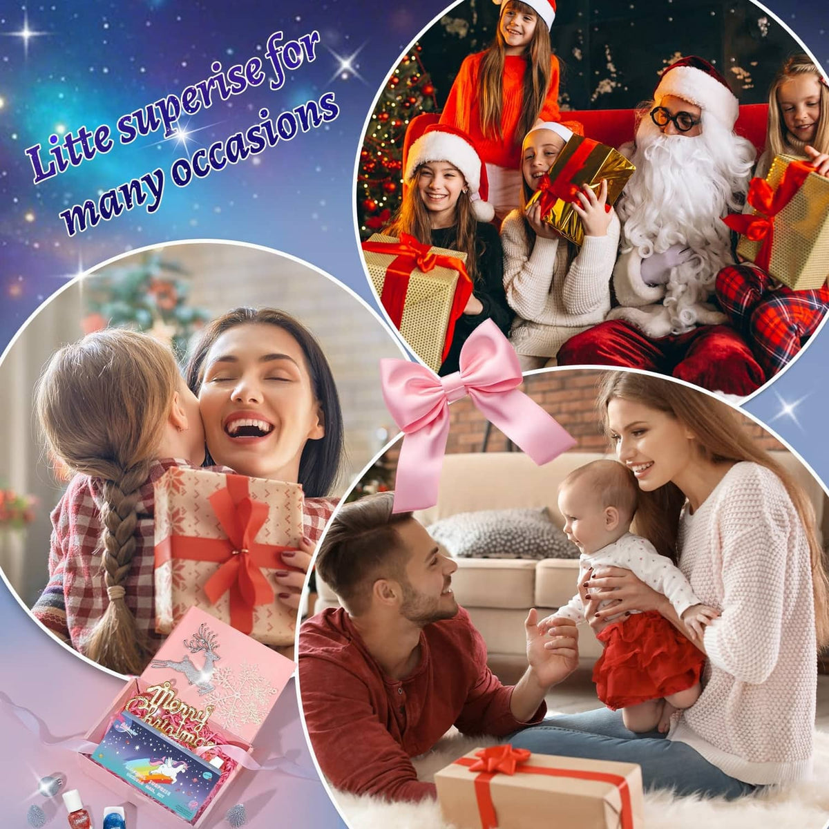 Christmas family gift scene featuring kids and a small nail polish set item