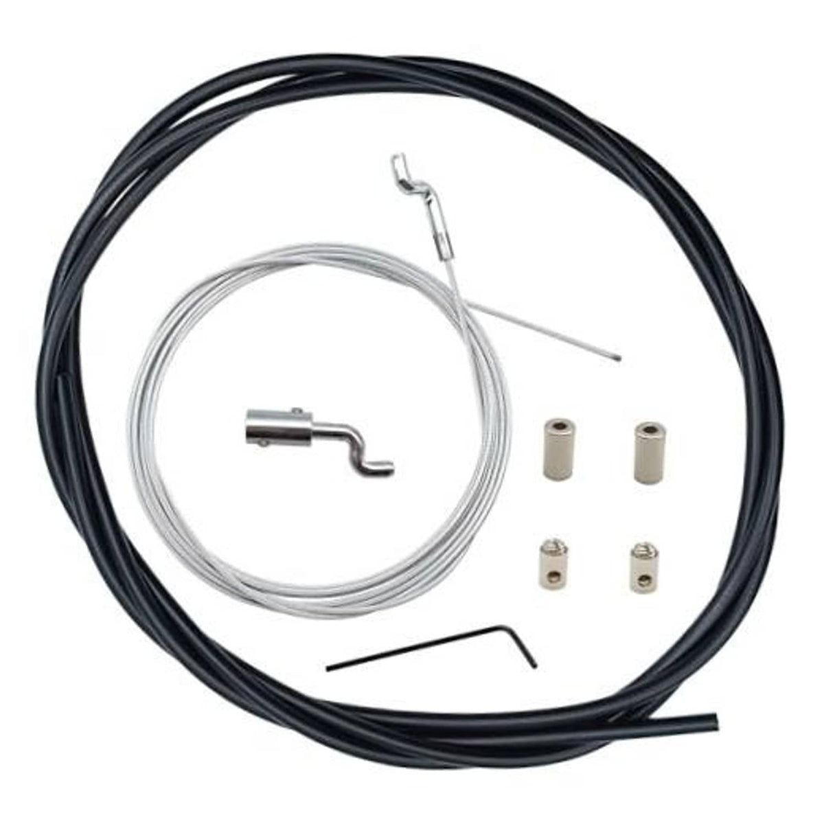 Throttle cable repair kit components: black housing, silver cable, fittings, and springs