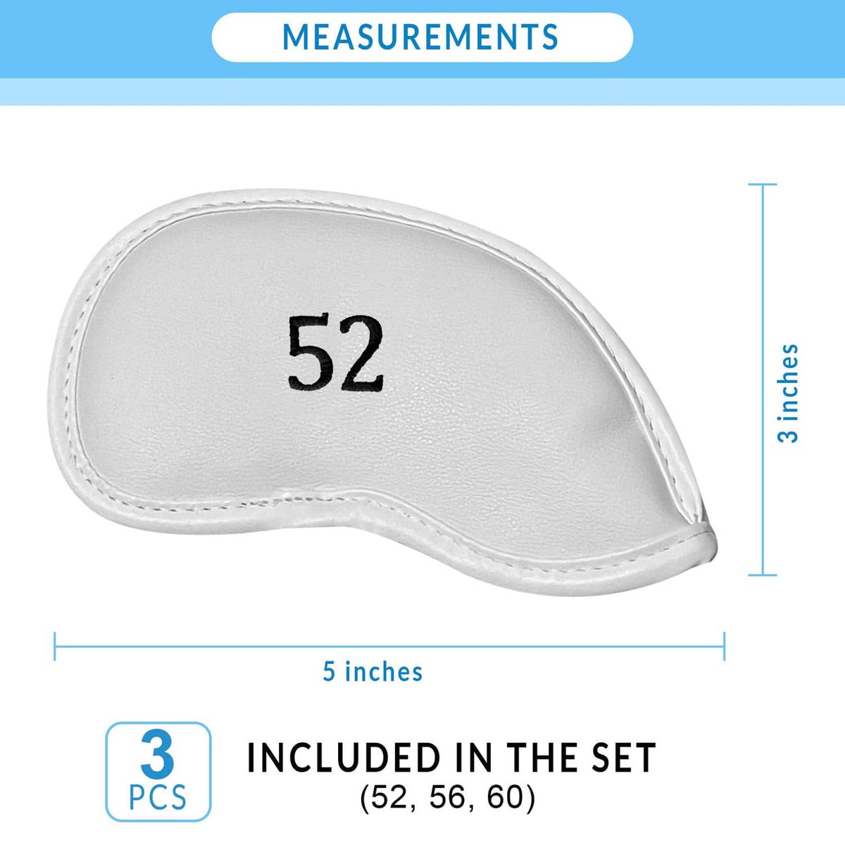 White leather golf club head cover labeled 52, with size measurement shown.