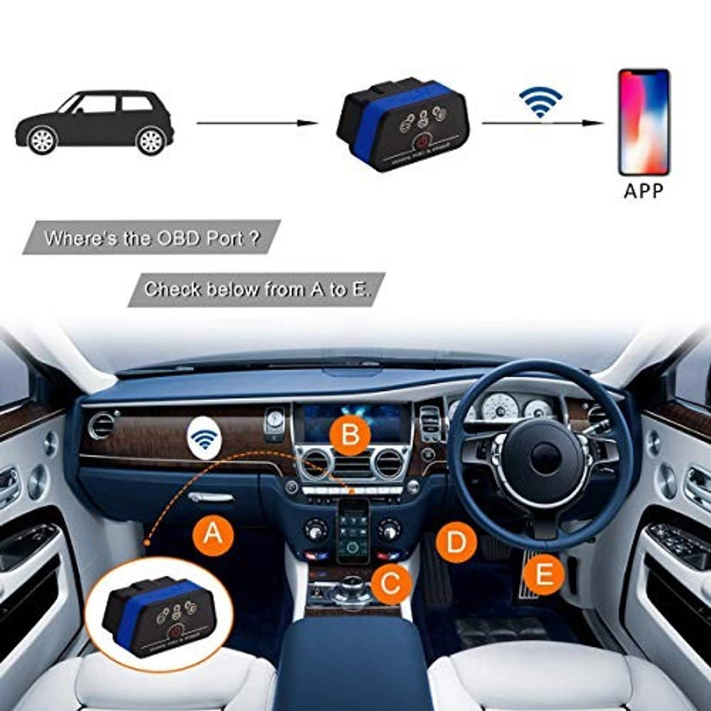 OBD2 Wi‑Fi scanner plugged in car, sending data to a mobile app