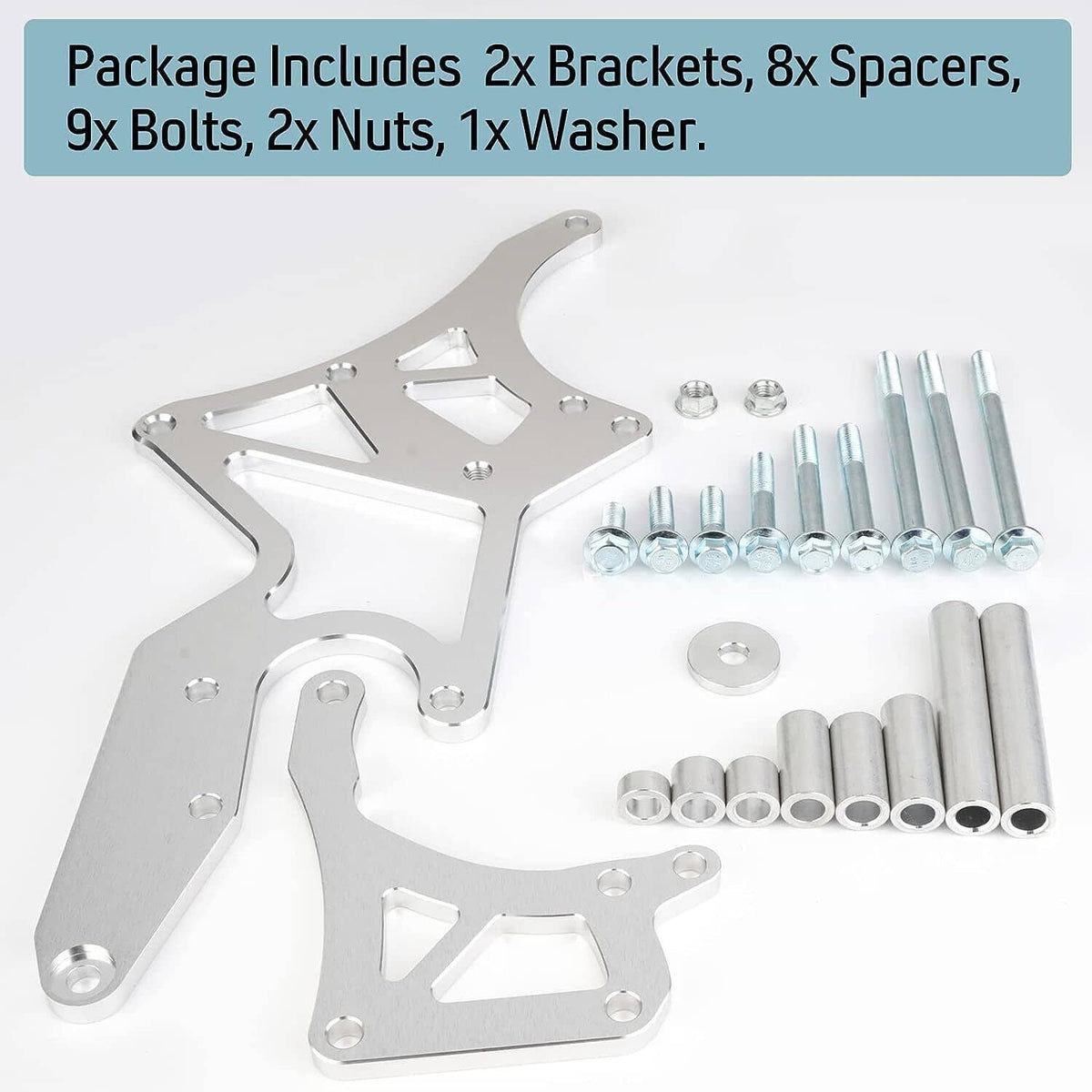 Silver aluminum bracket pair with bolts, nuts, washer, and spacers included
