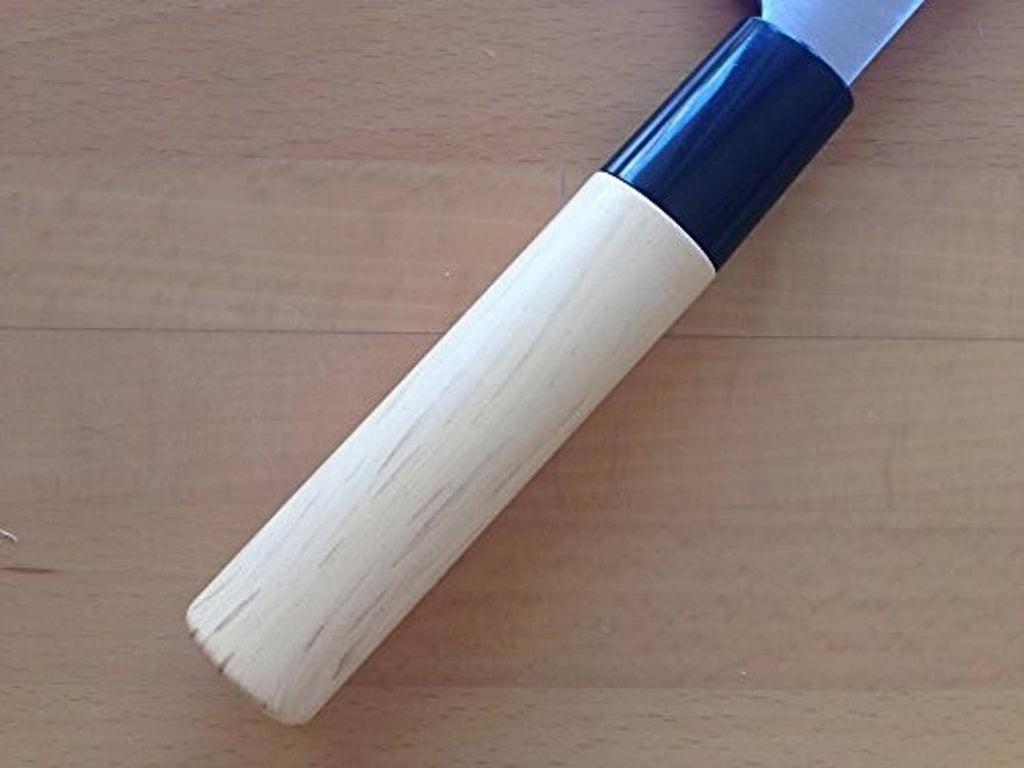 Japanese kitchen knife with dark blue handle collar and light wood handle