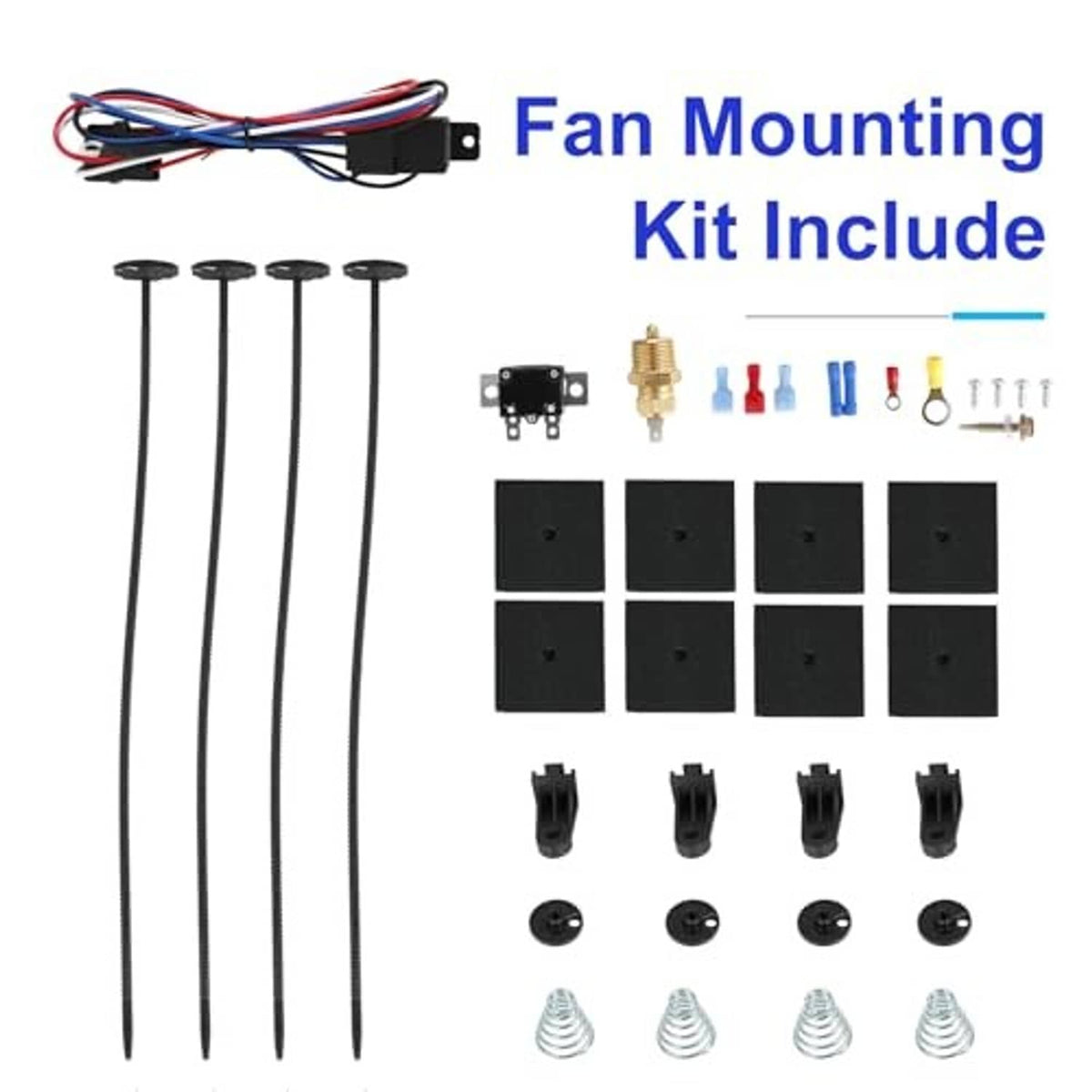 Fan mounting kit includes wiring harness, control module, connectors, and mounting brackets