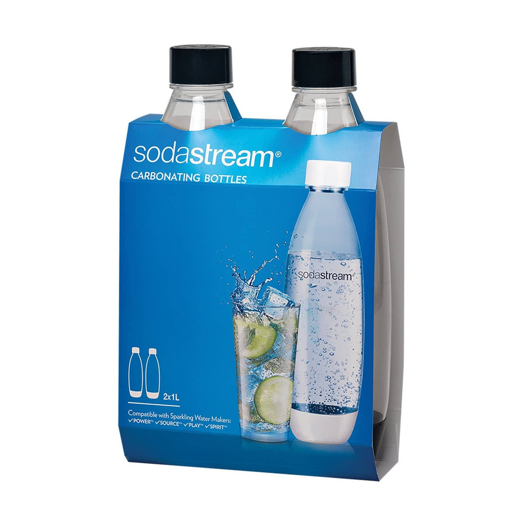 Set of 2 SodaStream slim carbonating bottles with black caps, clear plastic, in retail box