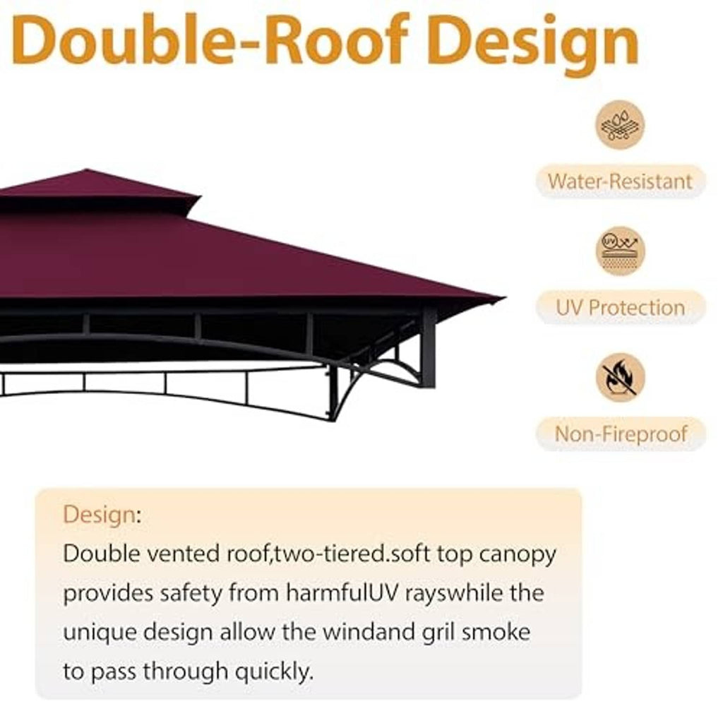 Burgundy double-roof gazebo BBQ canopy top with water-resistant UV protection icons