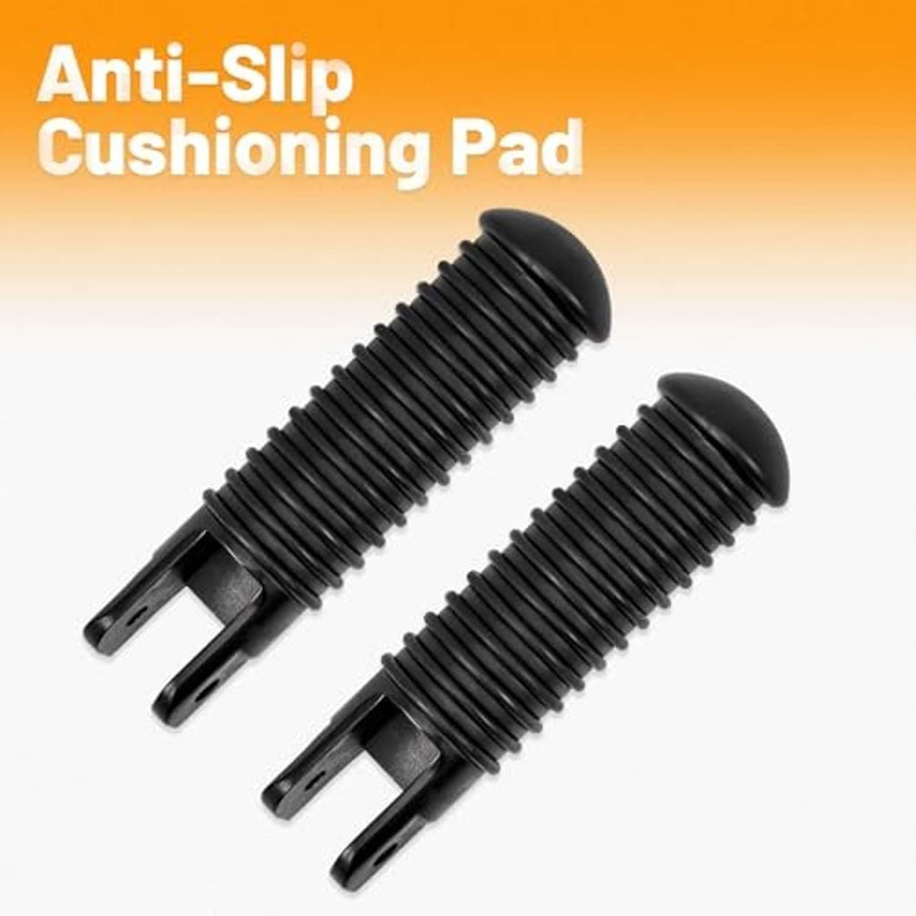Black ribbed motorcycle foot pegs with non-slip cushioned tread pads and clamp bases
