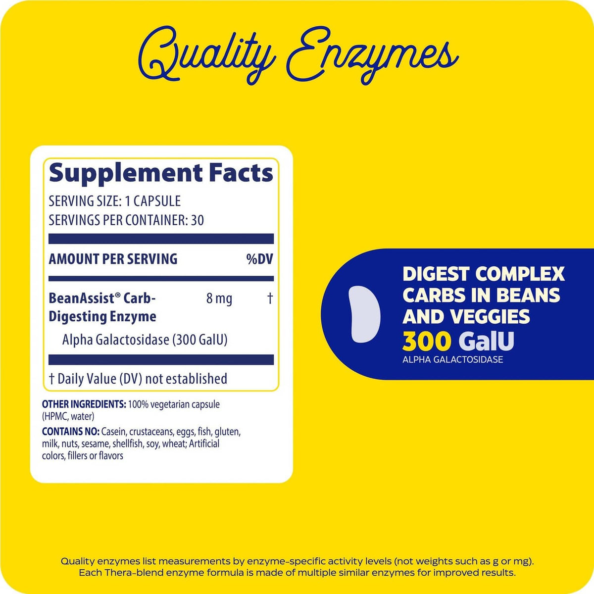 BeanAssist Supplement Facts panel showing 1 capsule serving and alpha galactosidase amount