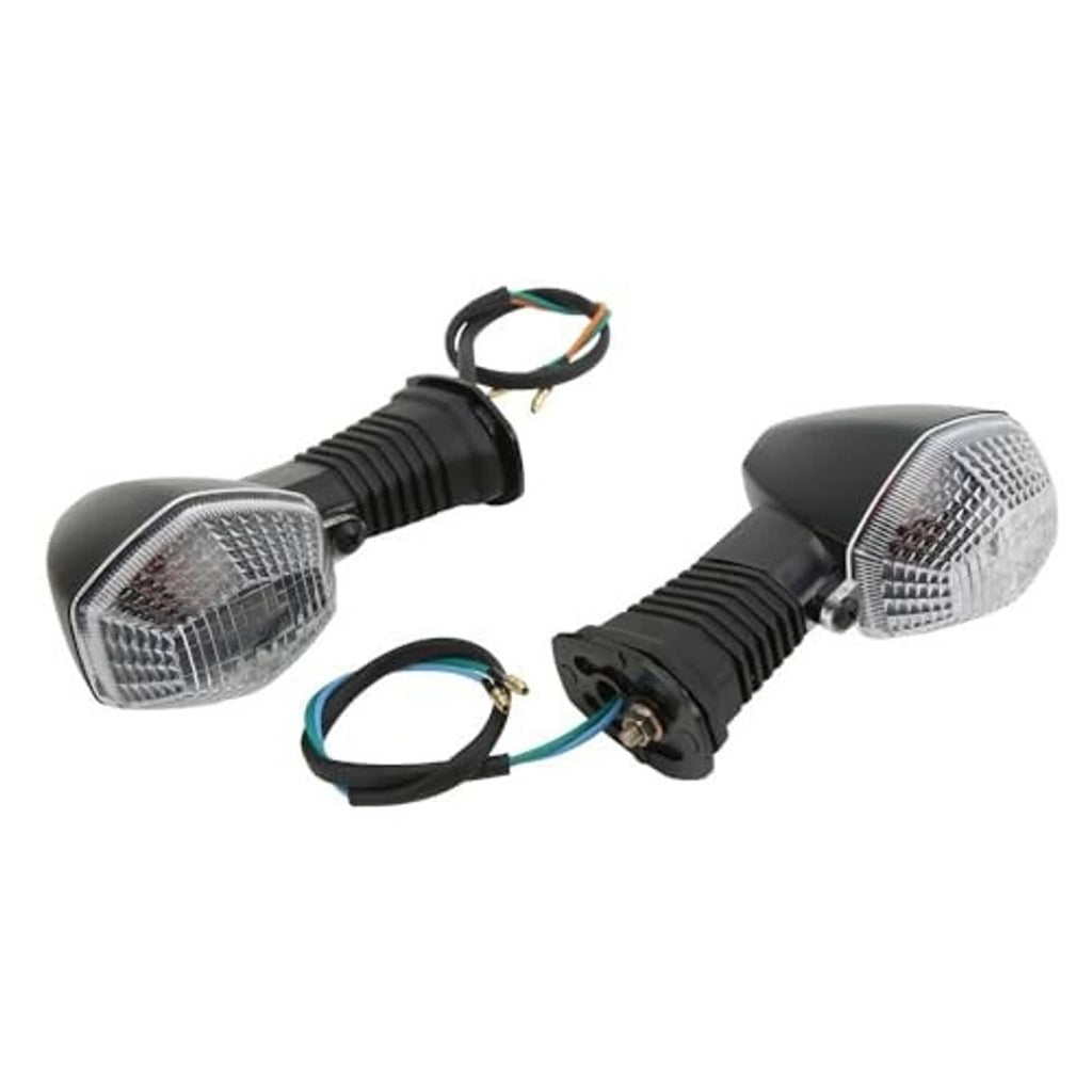 Pair of motorcycle turn signal lights with clear rectangular lenses on black ribbed stems