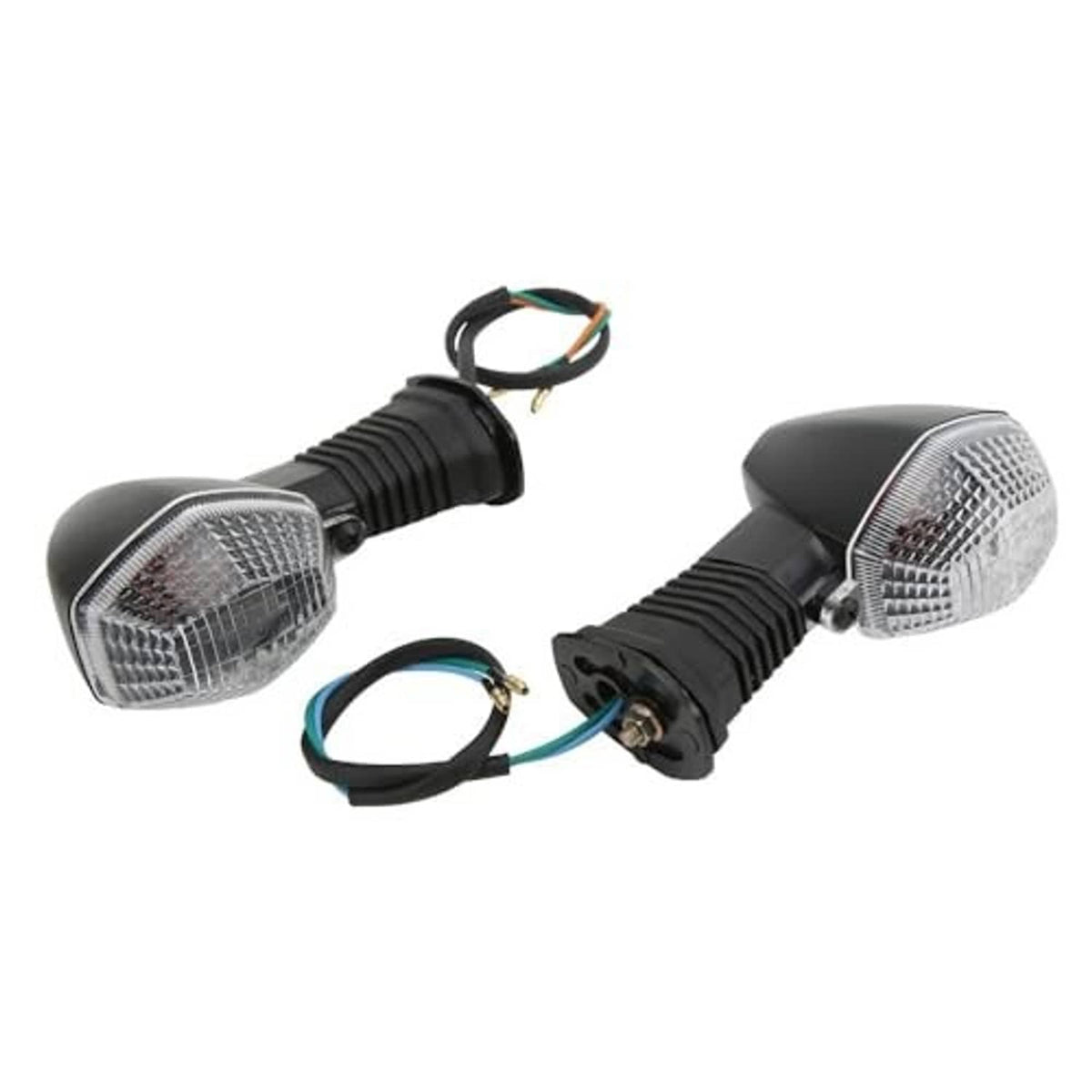 Pair of motorcycle turn signal lights with clear rectangular lenses on black ribbed stems