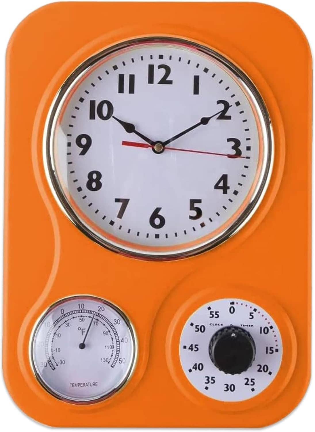 Orange retro kitchen wall clock featuring analog time and thermometer and humidity gauges