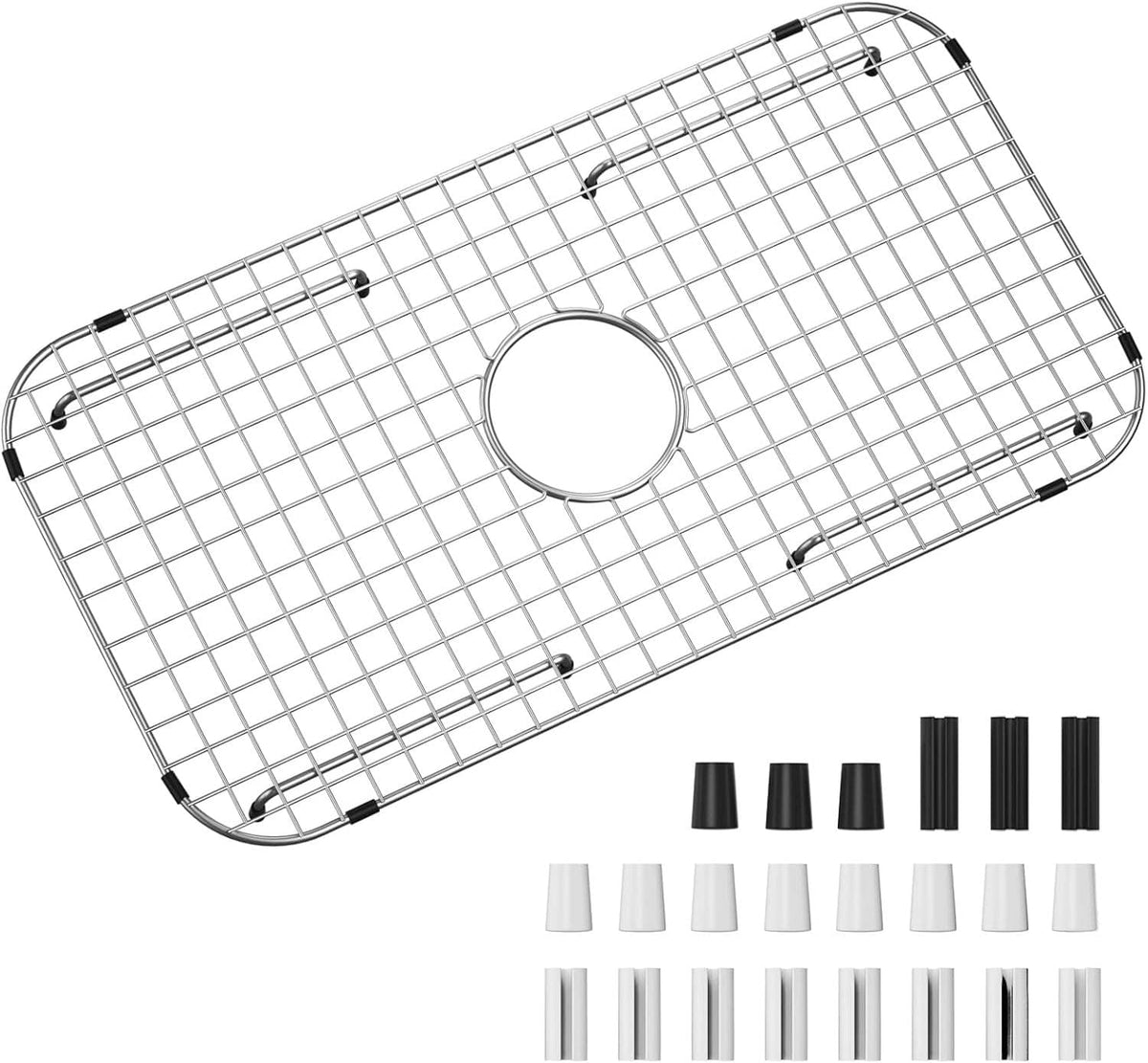 Sink bottom grid rack with centered circular drain opening and corner support clips