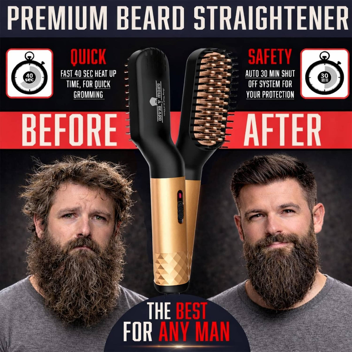 Beard straightener with golden barrel and wooden handle, showing brush attachment