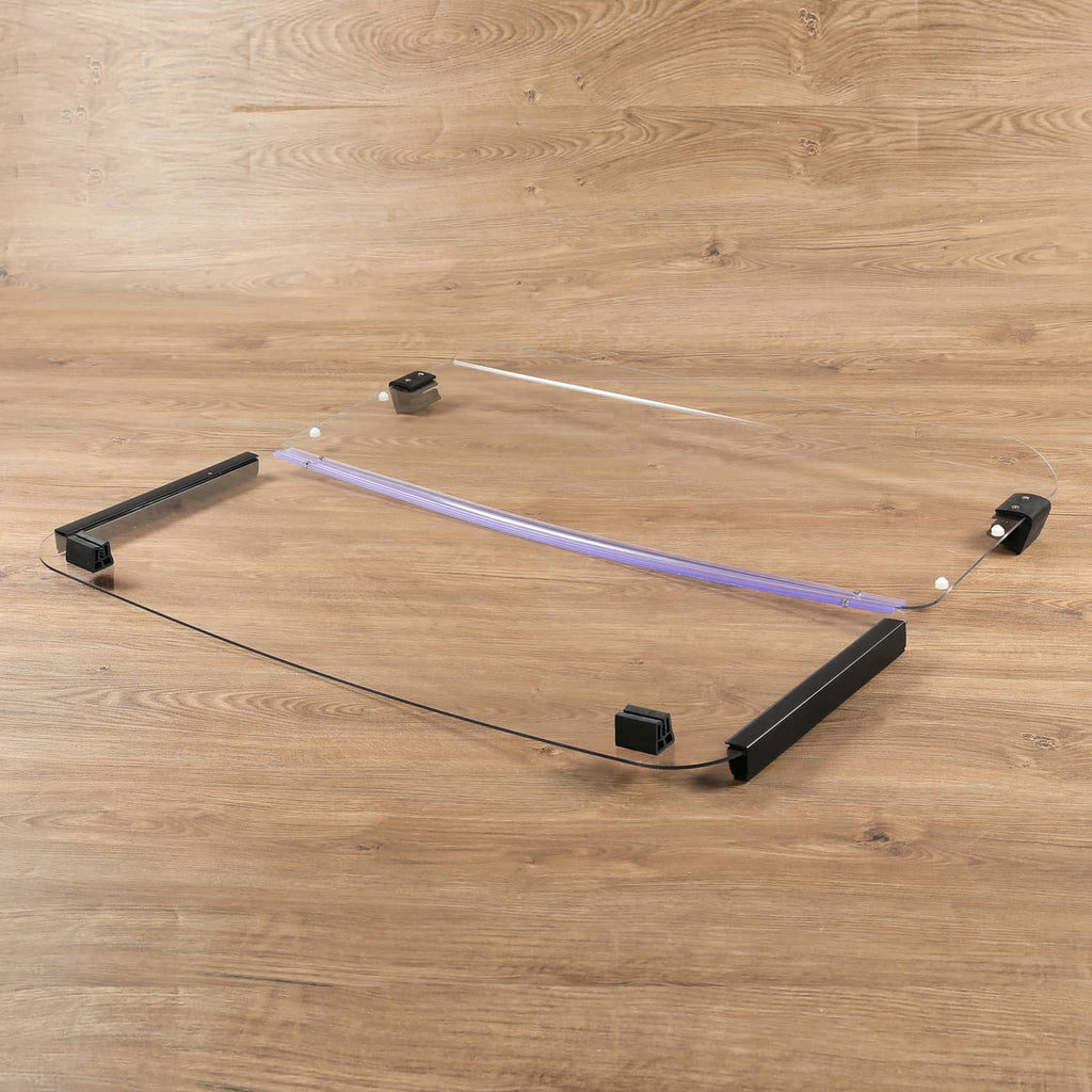 Clear folding golf cart windshield frame on black brackets with transparent shield