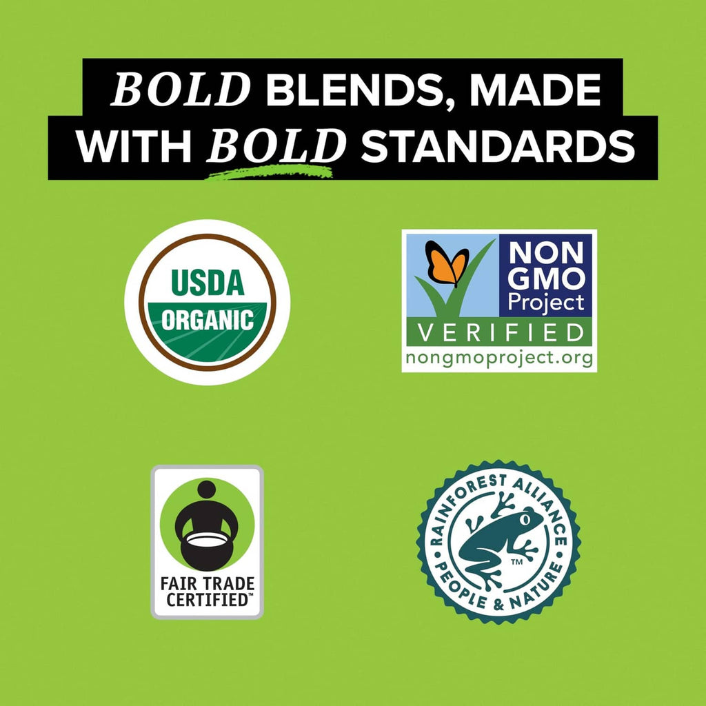 TAZO Organic Zen certification logos: USDA Organic, Non-GMO, Fair Trade
