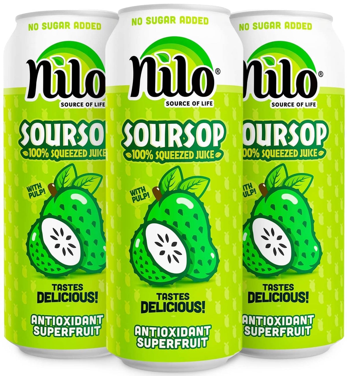 NILO soursop juice cans, pack of 12, lime green labels (3 cans shown)
