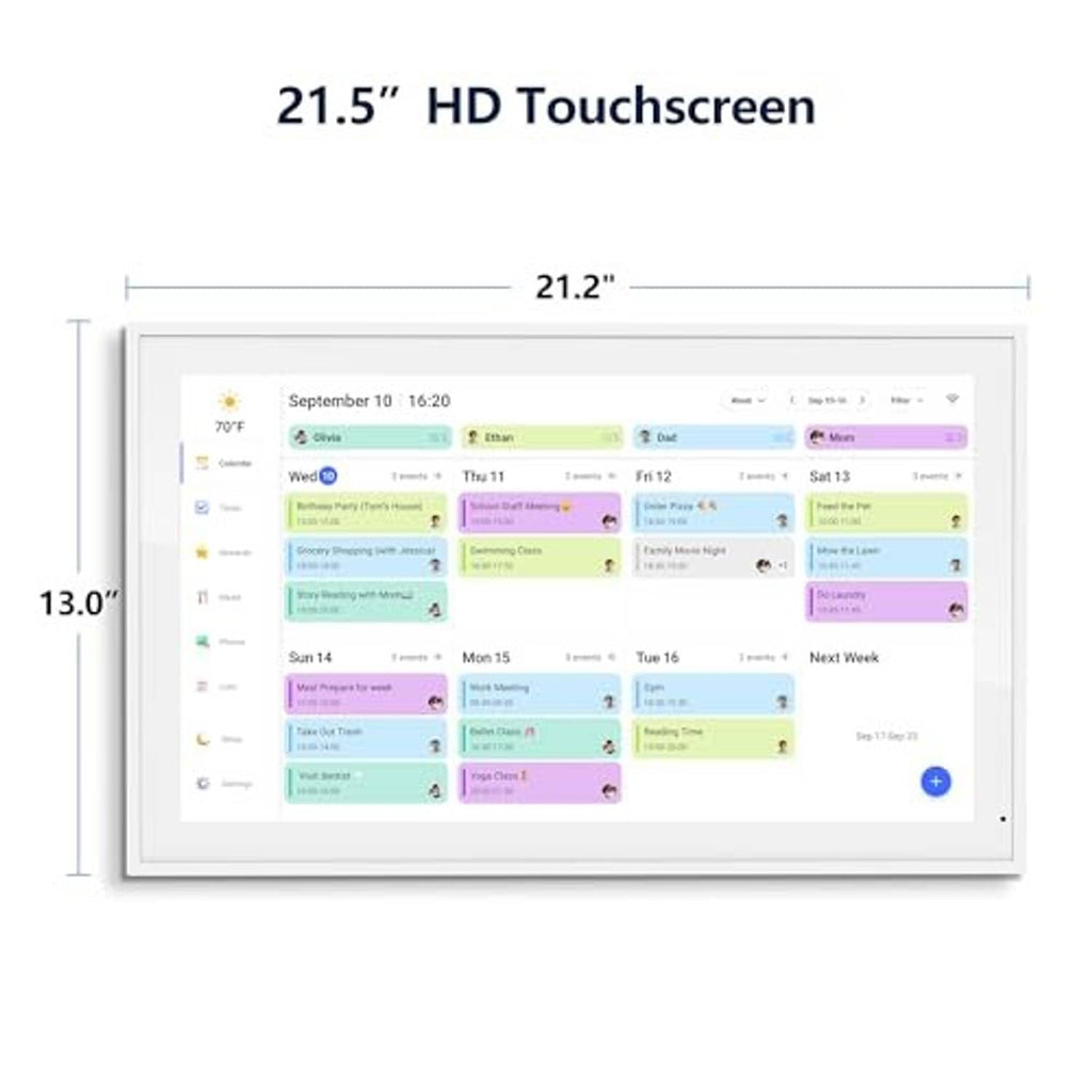 Digital calendar touchscreen showing 21.2-inch width and 13.0-inch height size diagram