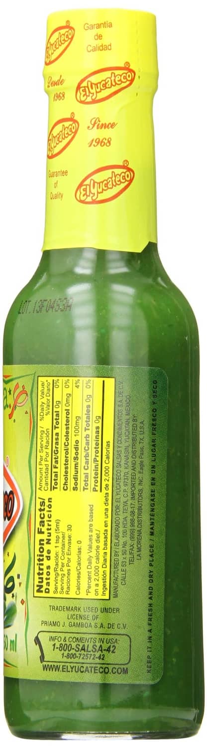 Jalapeno hot sauce bottle back label with barcode and El Yucateco branding