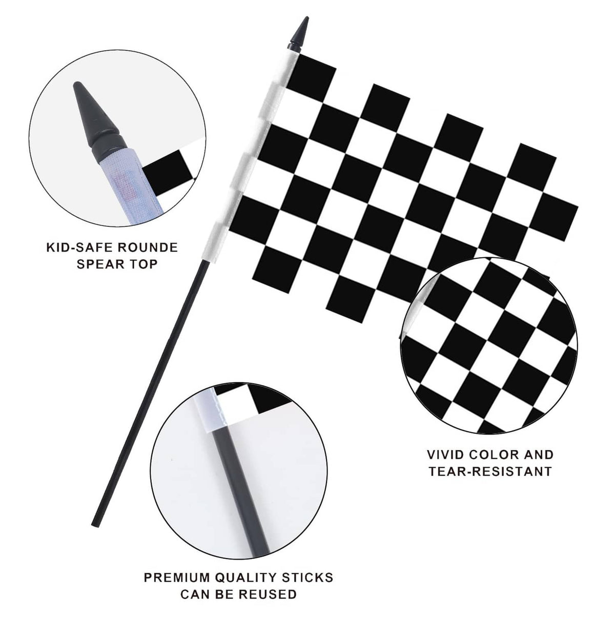 Black-and-white checkered racing flag with rounded spear-style top on pole