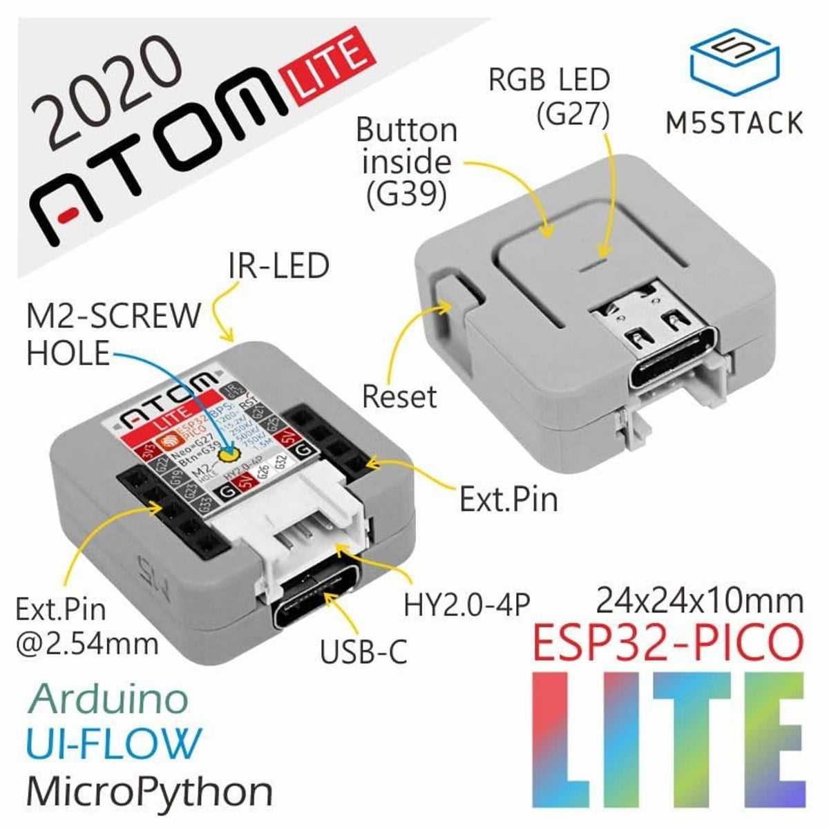 ATOM Lite ESP32 module diagram showing labeled ports, reset, and button