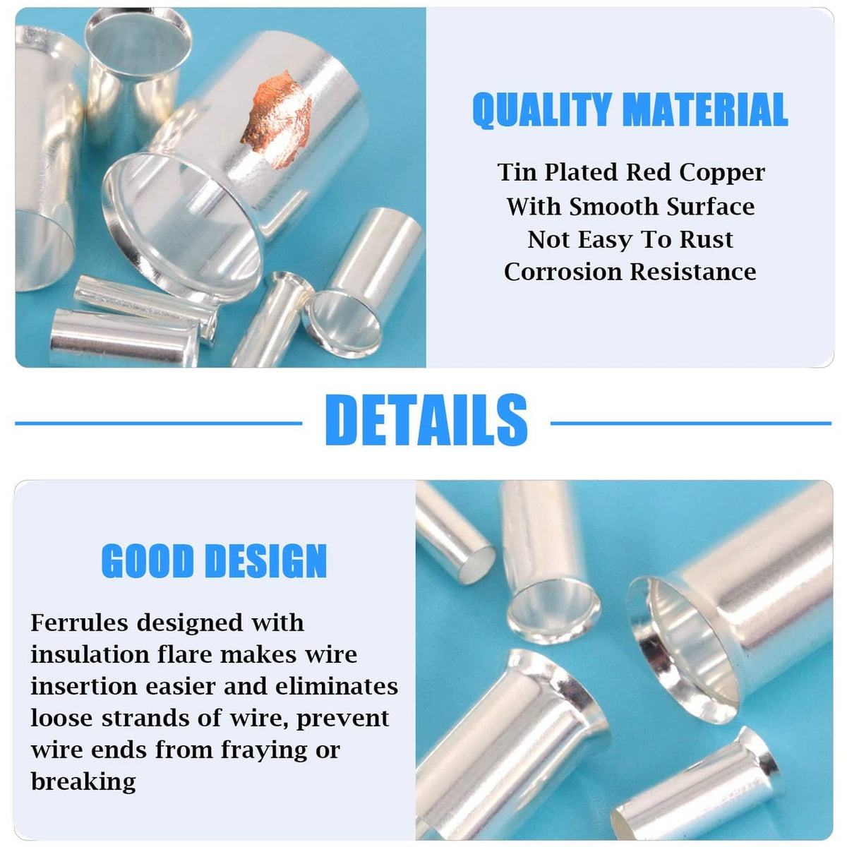 Tin-plated red copper wire ferrules with smooth surface for corrosion resistance