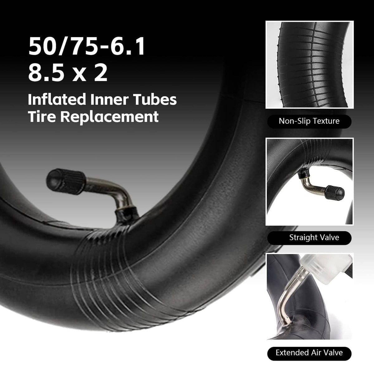 Black scooter inner tube with straight valve and extended air valve detail