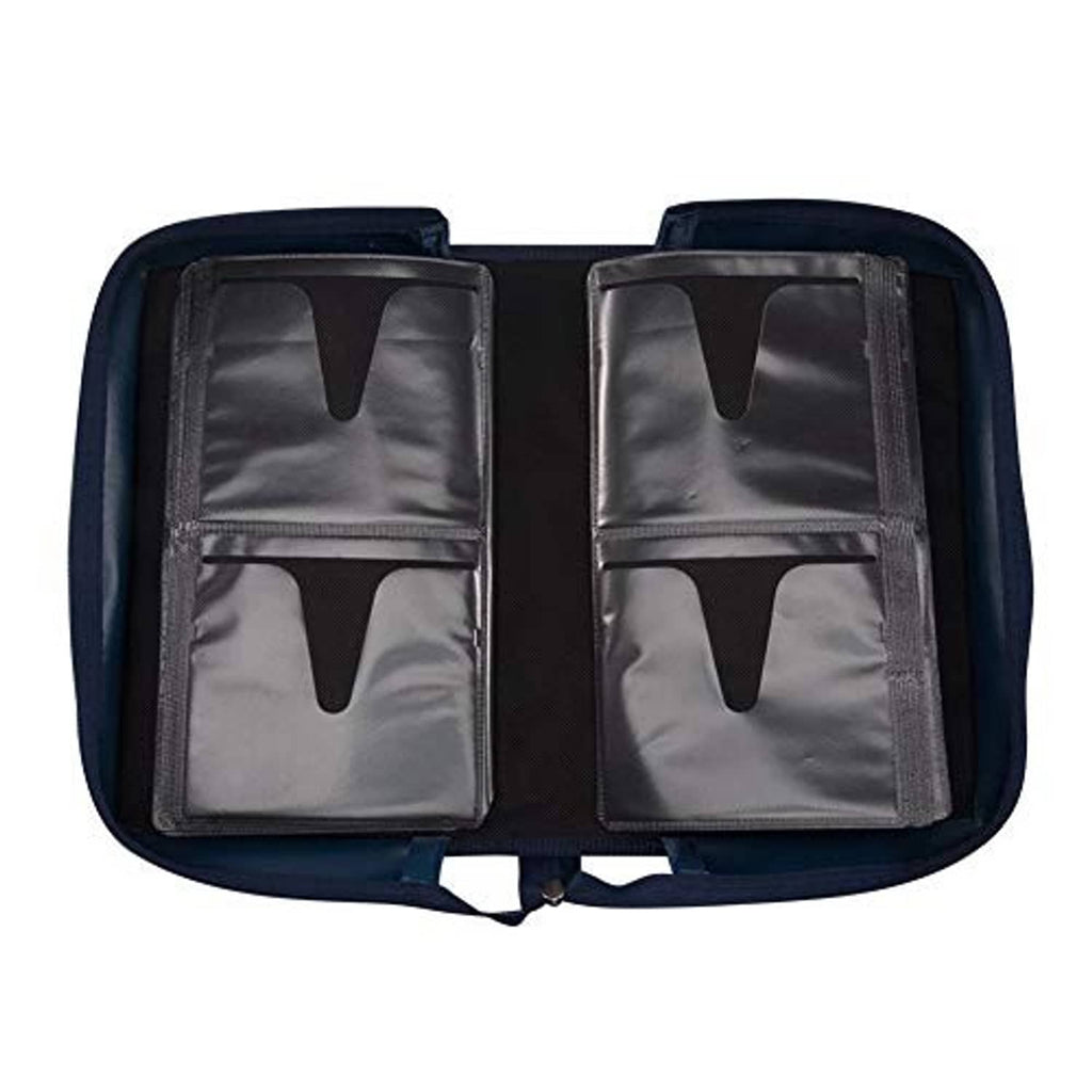 Blue CD/DVD wallet case opened to show four disc sleeves behind zipper