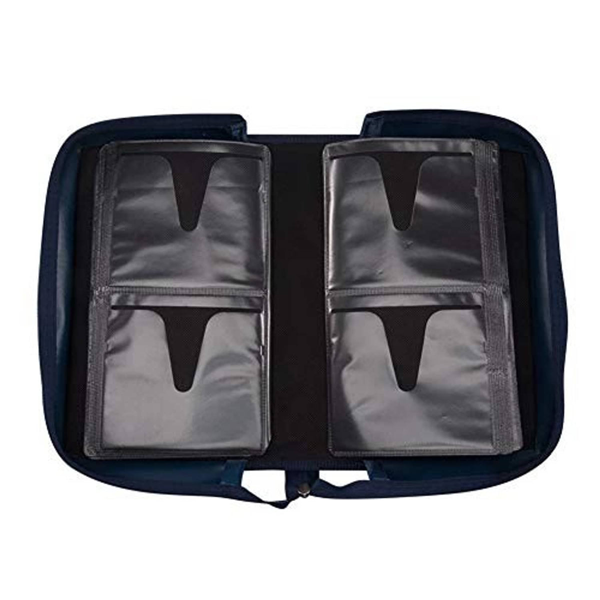 Blue CD/DVD wallet case opened to show four disc sleeves behind zipper
