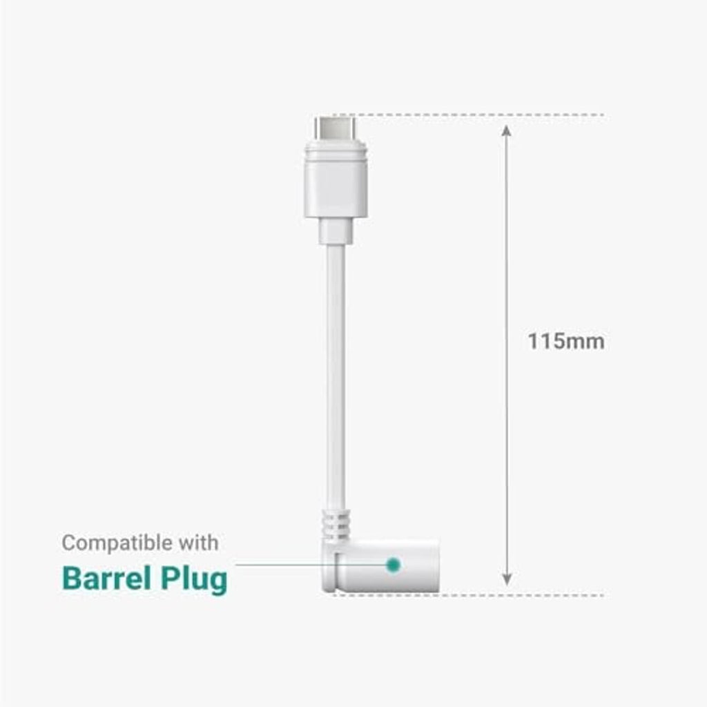 White USB-C to DC 3.5mm ring barrel adapter cable, 115mm length