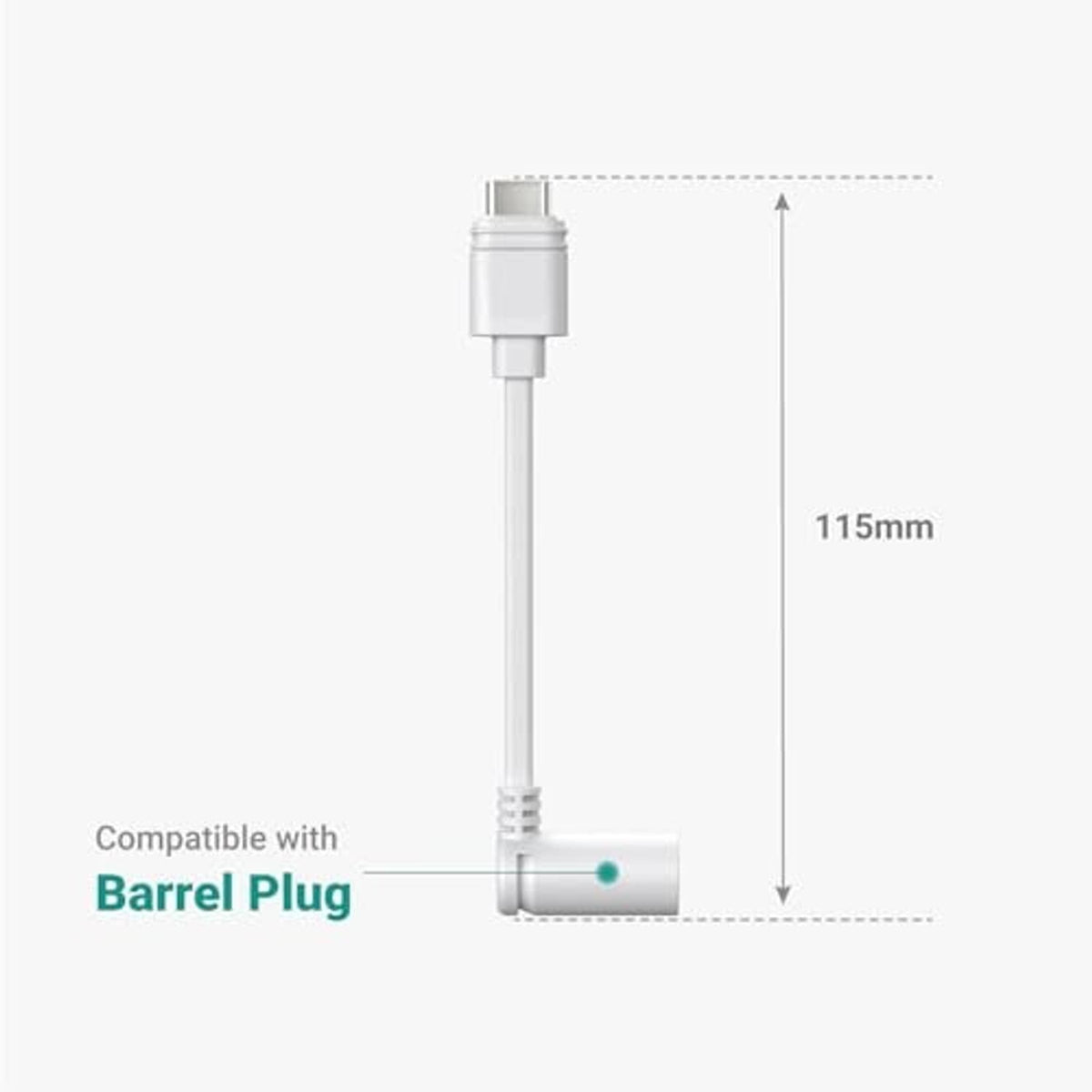 White USB-C to DC 3.5mm ring barrel adapter cable, 115mm length