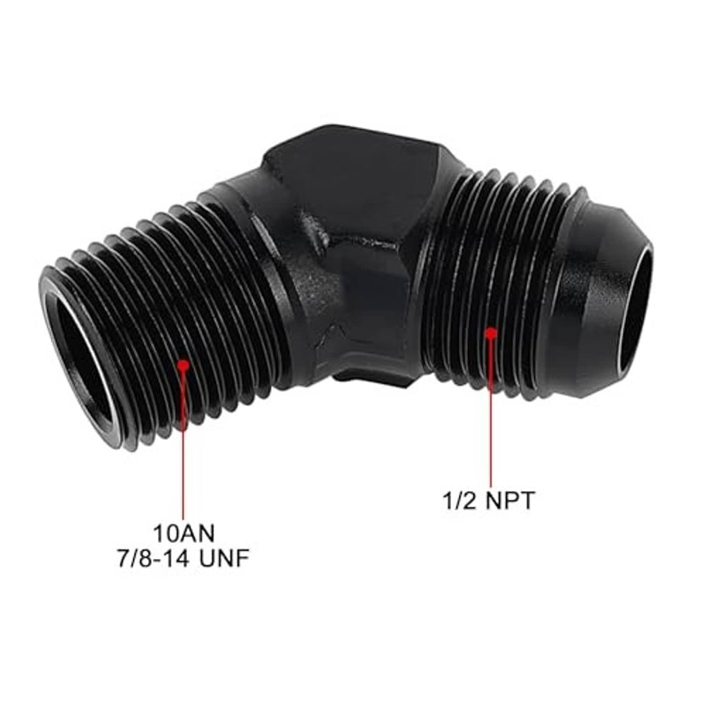 45-degree 10AN to 1/2 NPT adapter, shows 7/8-14 UNF and NPT male threads