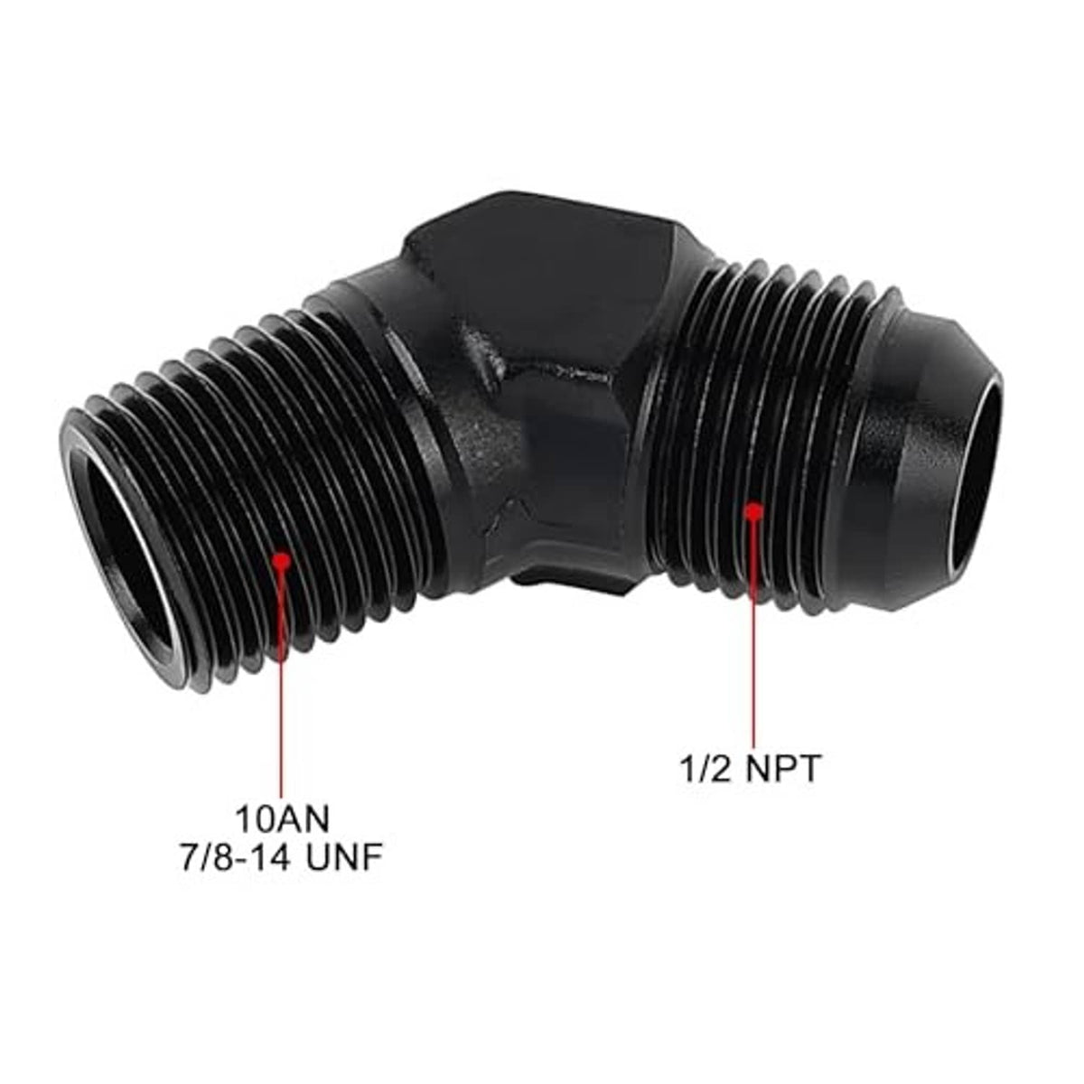 45-degree 10AN to 1/2 NPT adapter, shows 7/8-14 UNF and NPT male threads