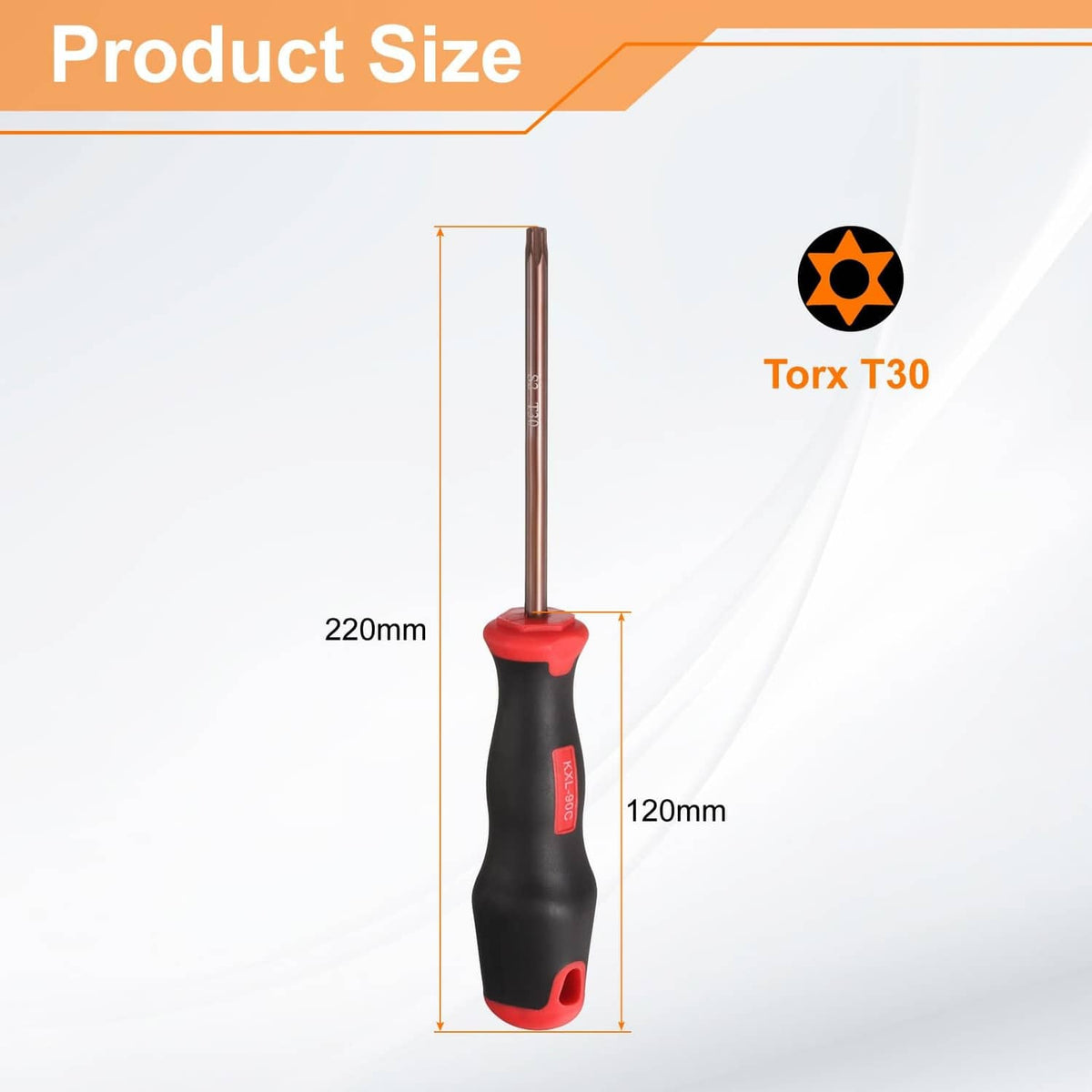 Torx T30 screwdriver with black-and-red handle and long brown shaft, single tool view
