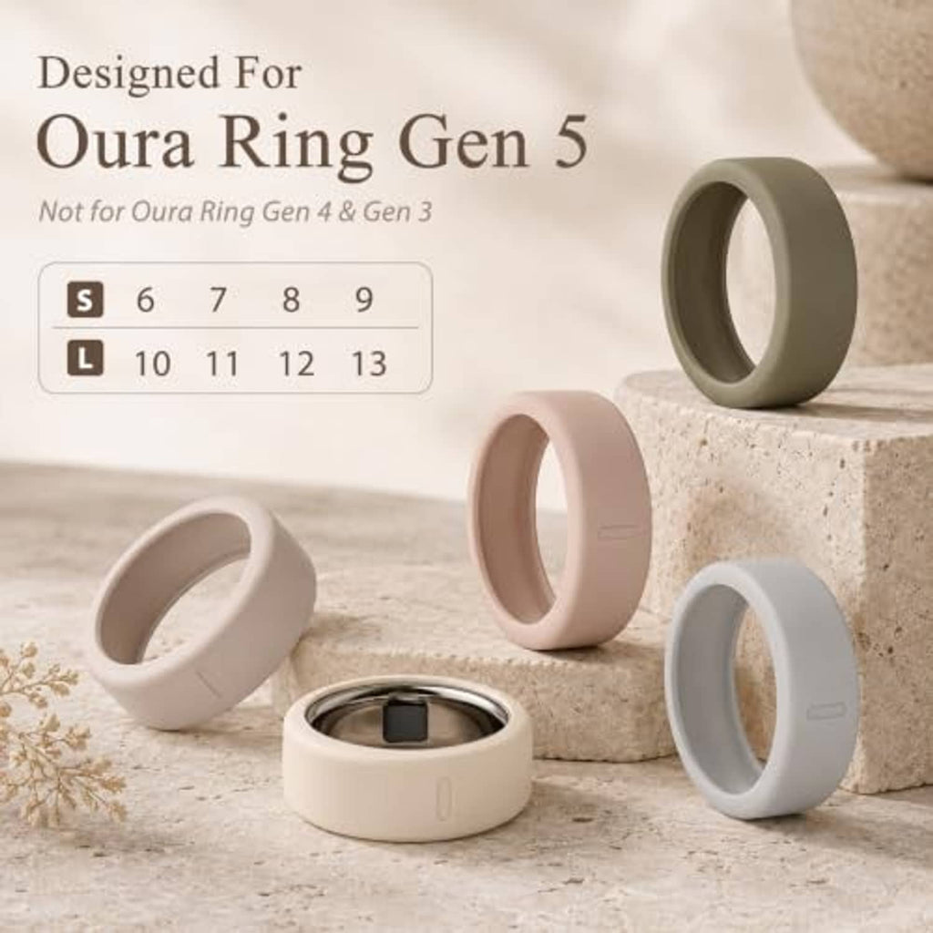 Ring cover set with several beige and gray sleeves and one ring cover on a base
