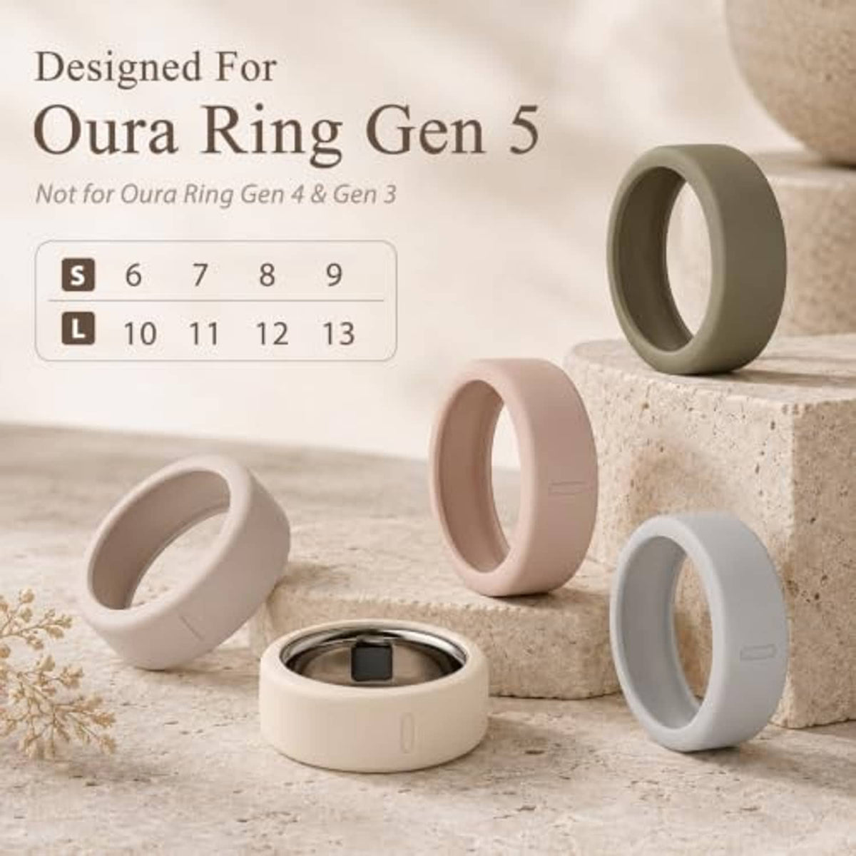 Ring cover set with several beige and gray sleeves and one ring cover on a base