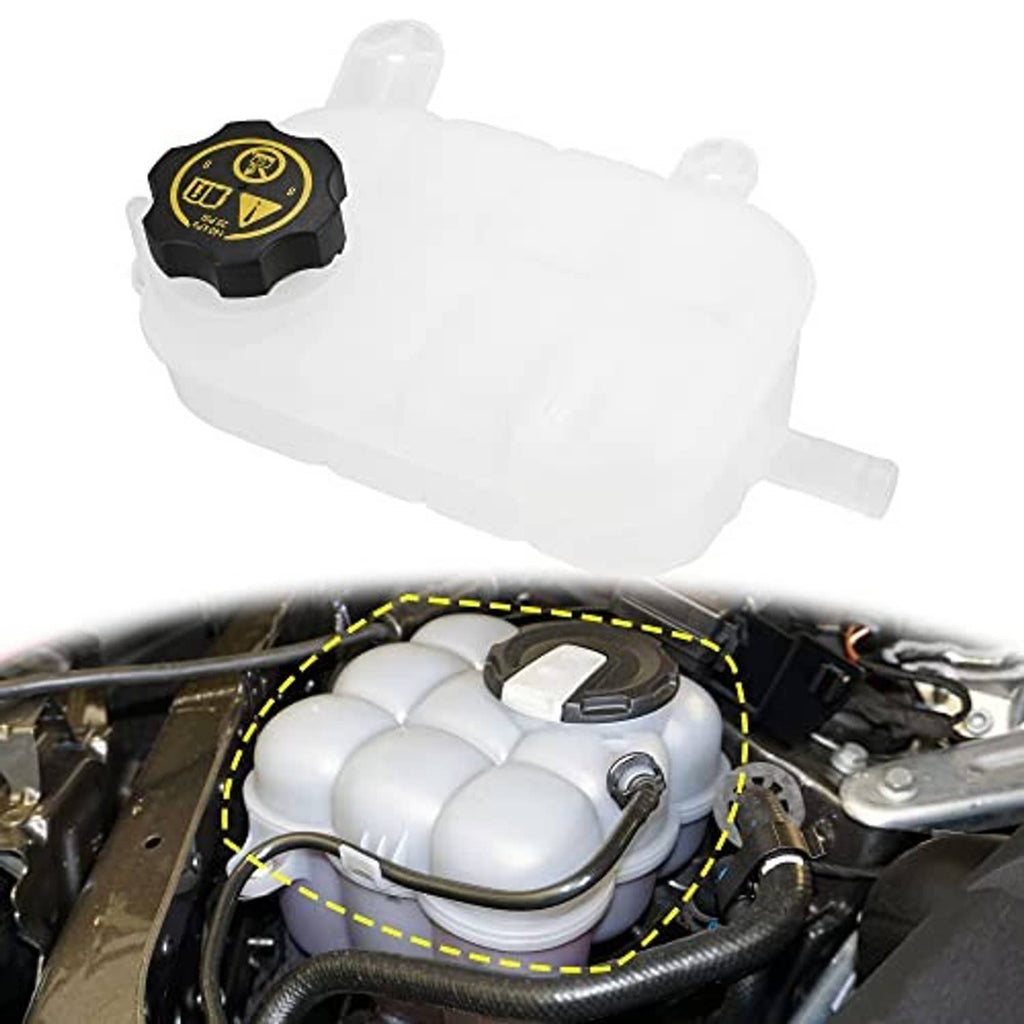 Coolant reservoir tank with black cap installed in engine compartment