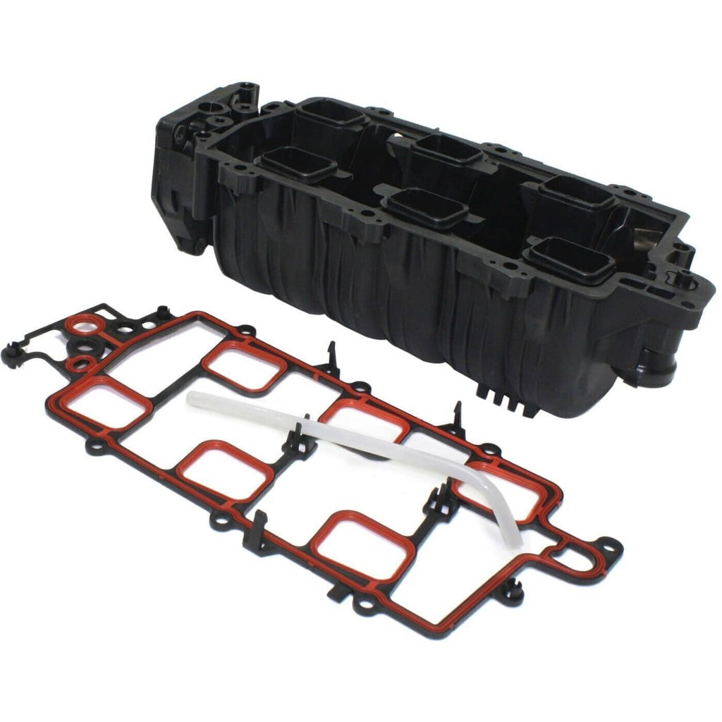 Upper intake manifold with attached black housing and red gasket, angled view