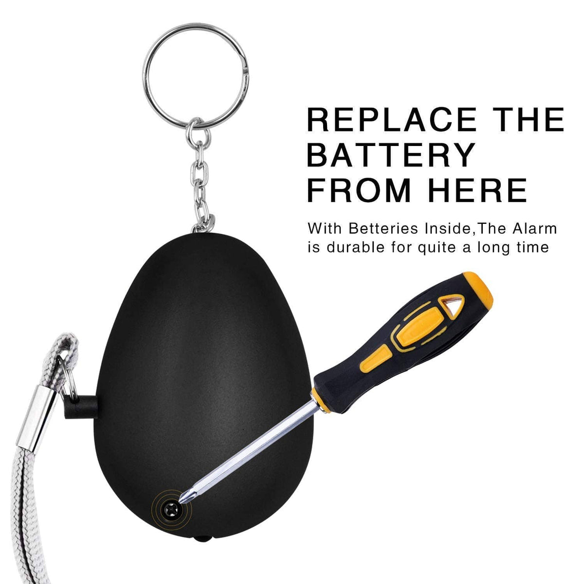 Black personal security alarm keychain with screwdriver and key ring, plus pull cord.