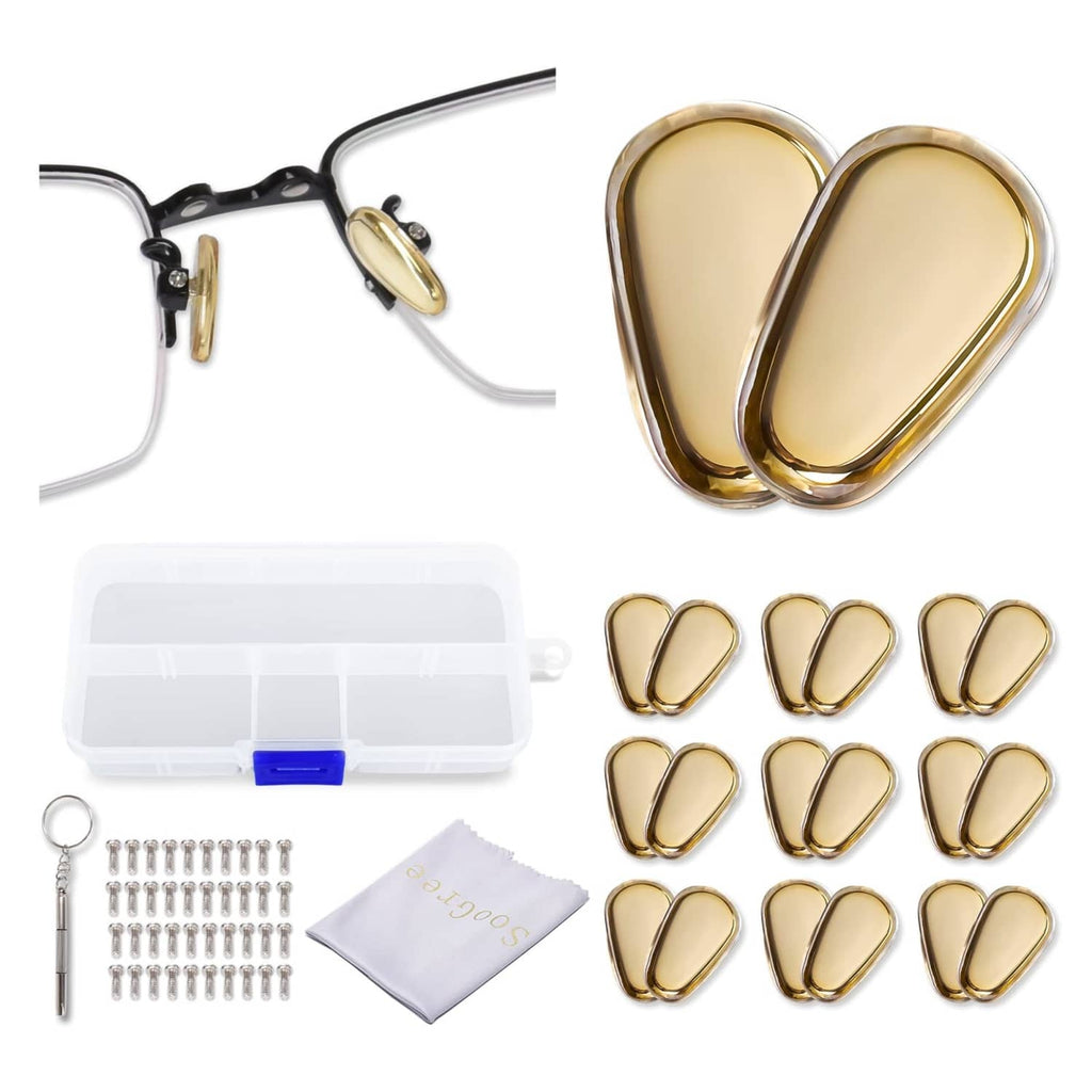 Gold metal-core silicone screw-in glasses nose pads kit with screws, case, and cleaning cloth