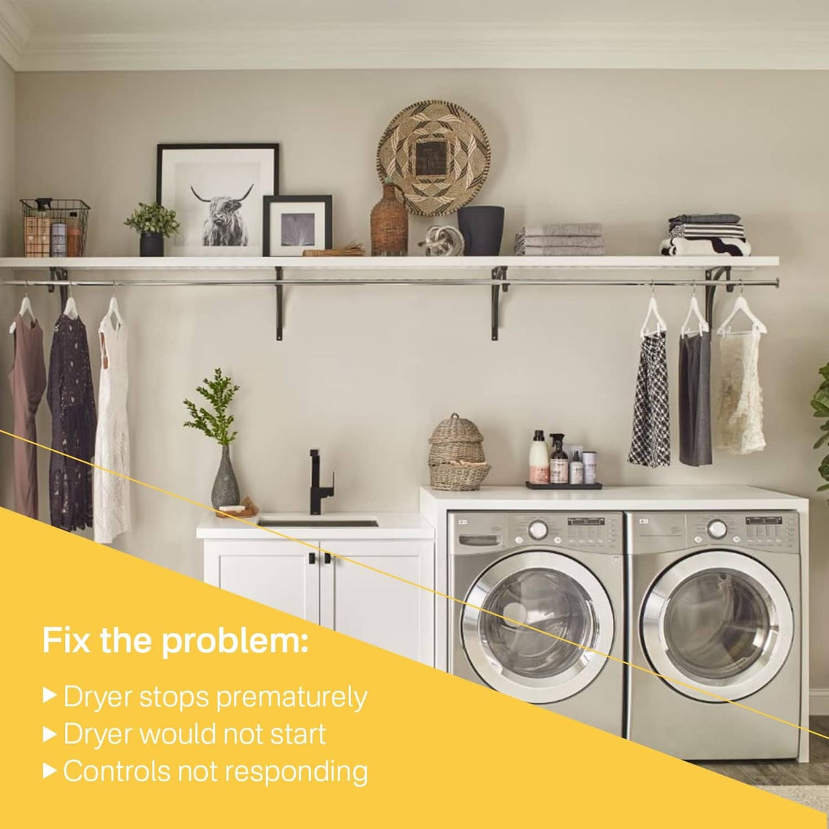 Front view of a white clothes dryer in a laundry room, with door and control panel