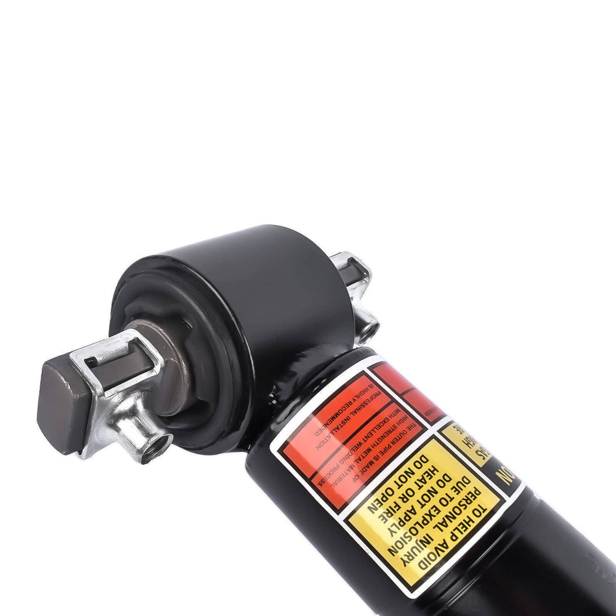 Black front shock strut with orange/yellow label and metal mounting bracket