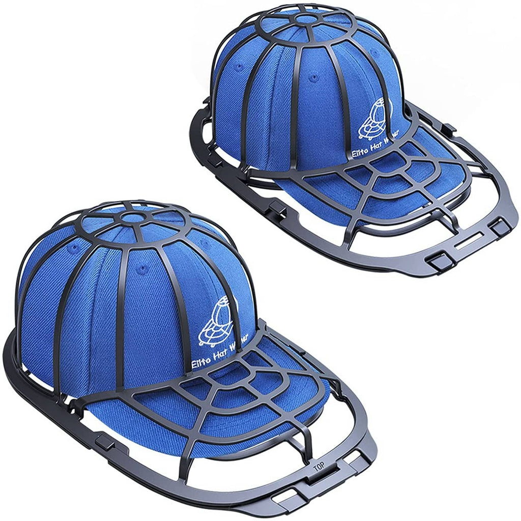 Blue fabric baseball cap with black hat-washing rack base, secured and supported
