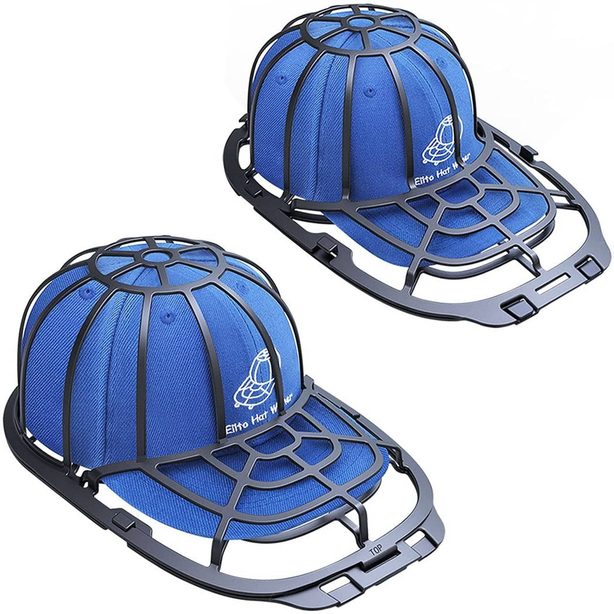 Blue fabric baseball cap with black hat-washing rack base, secured and supported