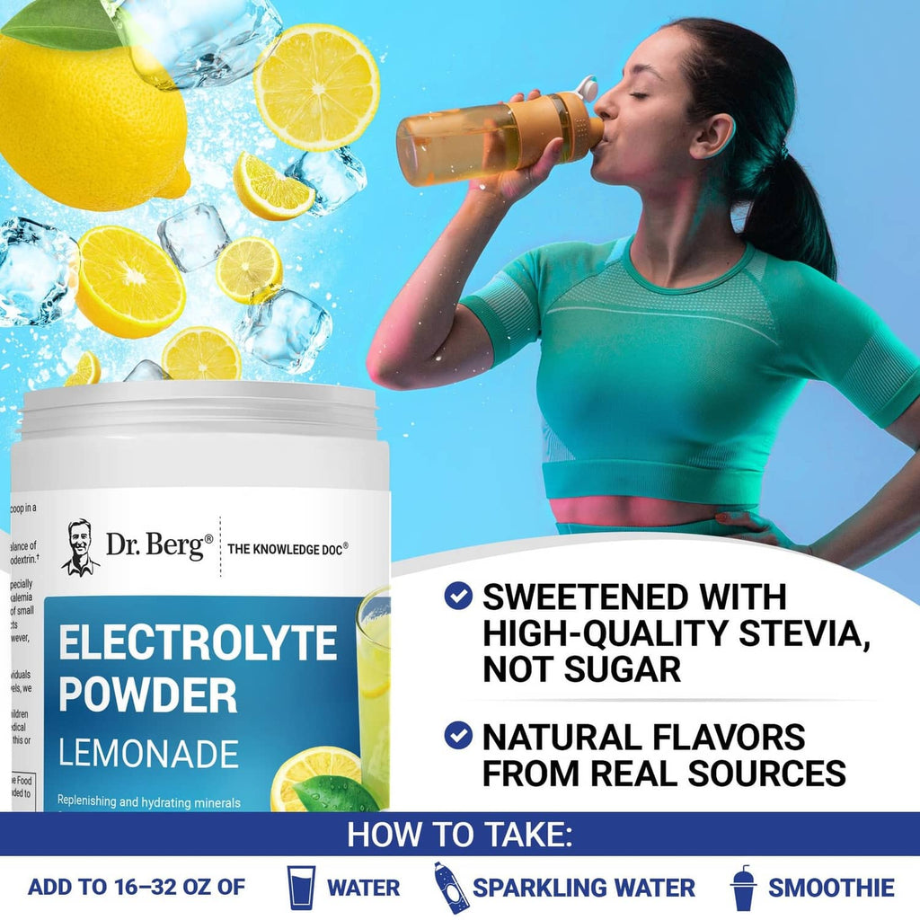 Dr. Berg Electrolyte Powder Lemonade jar with stev ia and natural flavors callouts