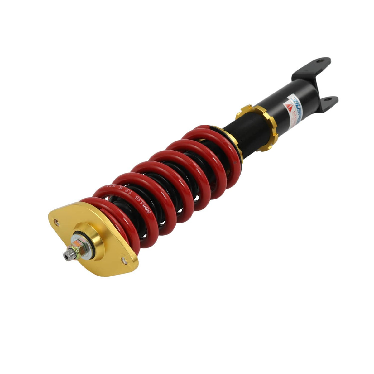Complete coilover strut assembly with red spring, gold top plate, black bracket