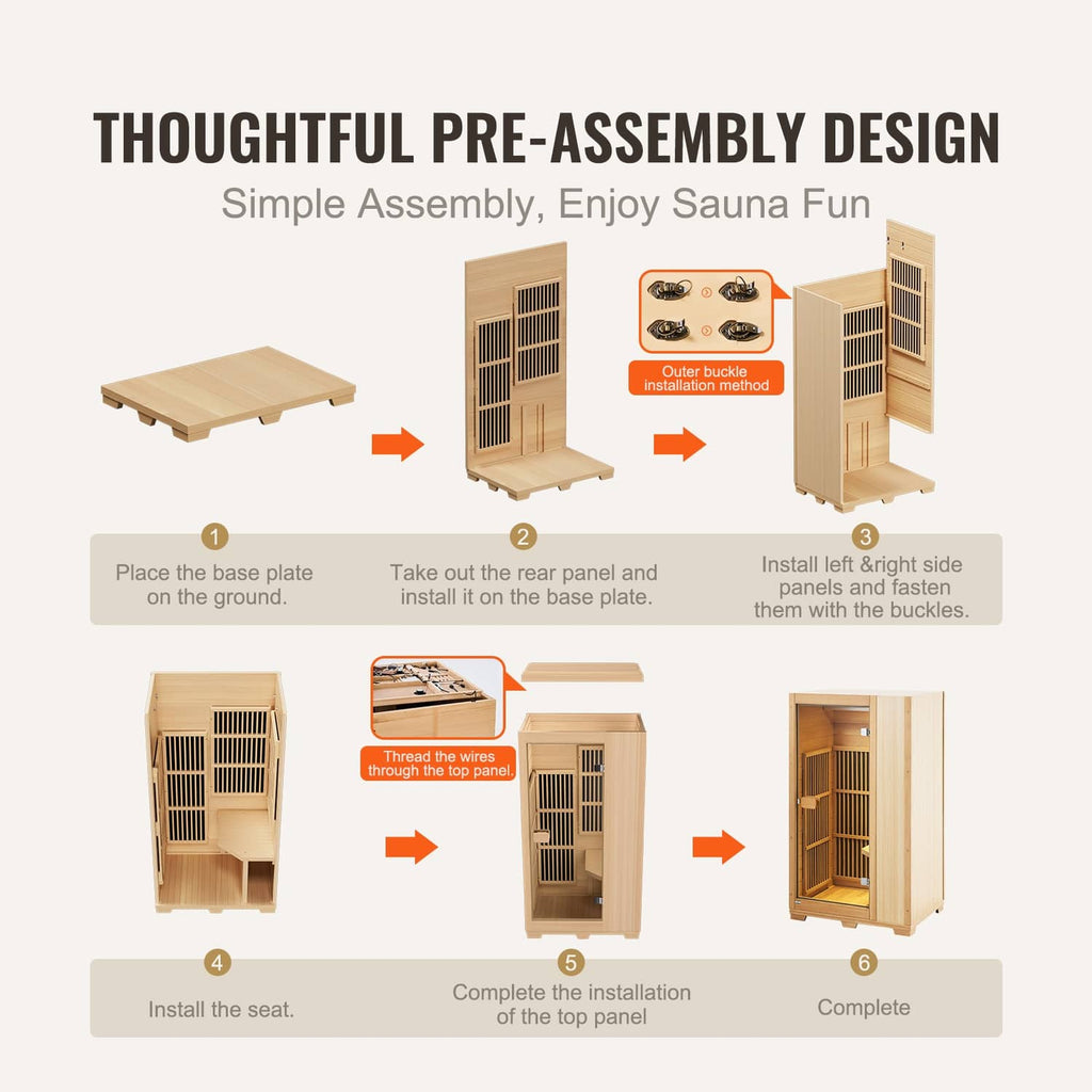 Assembled home sauna parts layout with door panel, base plate, and side frames