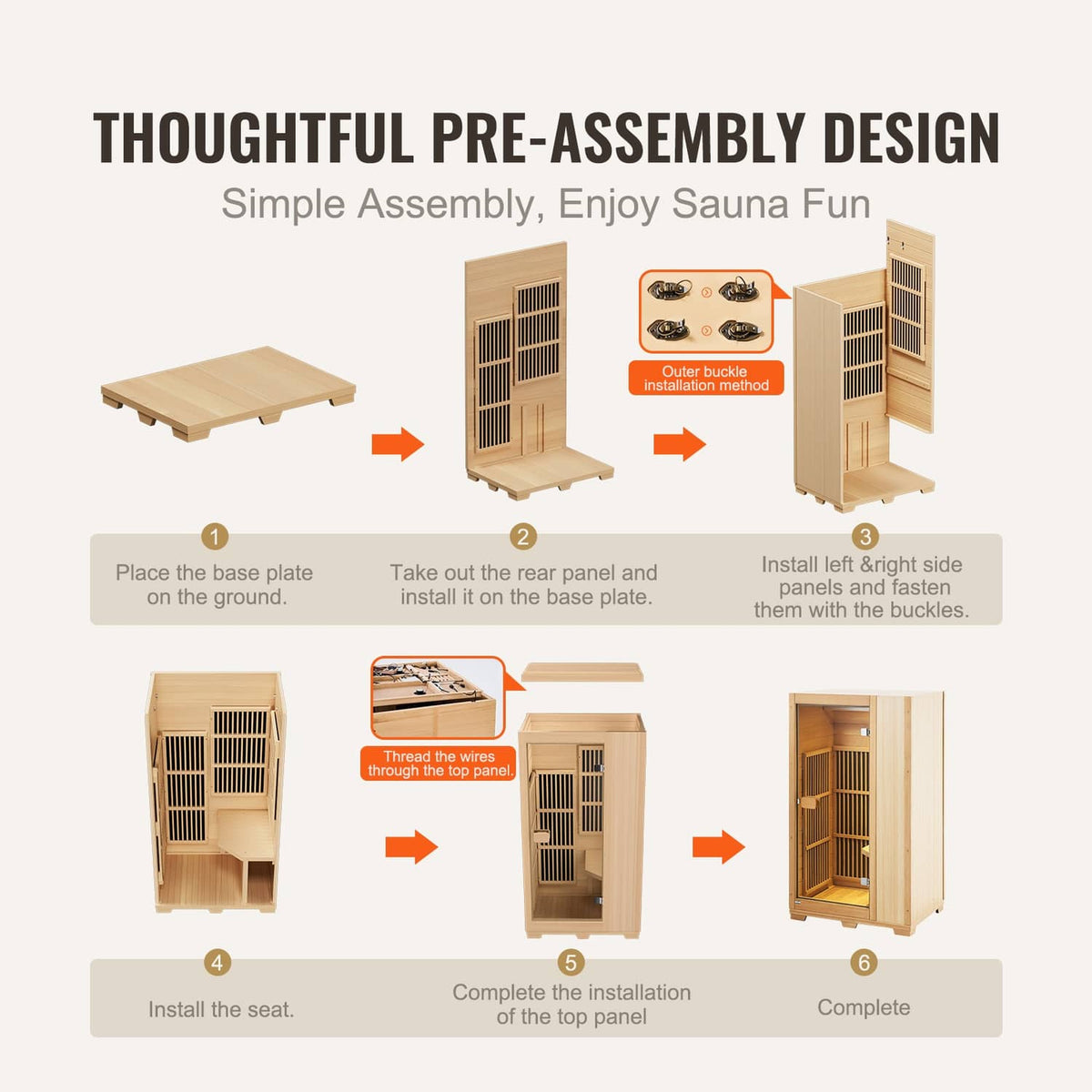 Assembled home sauna parts layout with door panel, base plate, and side frames