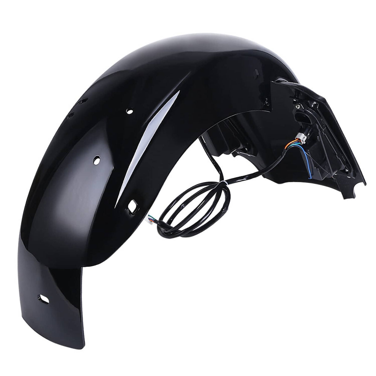 Black extended rear fender with LED light assembly and visible cable leads